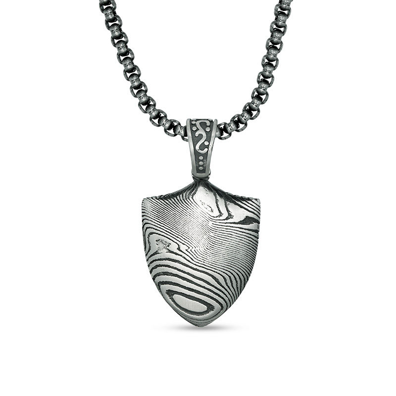 Main Image 1 of Men's Damascus Pattern Shield Pendant in Stainless Steel with Gunmetal Ion-Plate - 24"