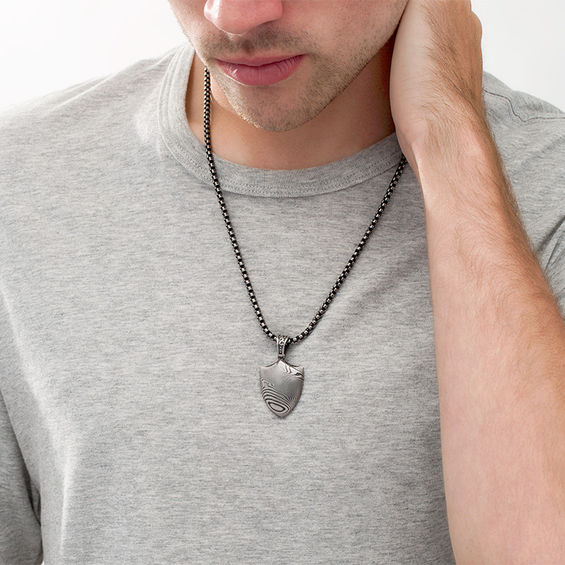 Men's Damascus Pattern Shield Pendant in Stainless Steel with Gunmetal Ion-Plate - 24"