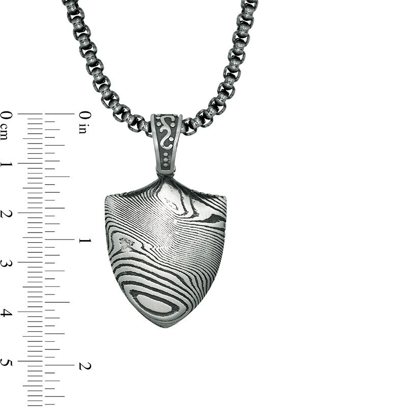 Main Image 3 of Men's Damascus Pattern Shield Pendant in Stainless Steel with Gunmetal Ion-Plate - 24"