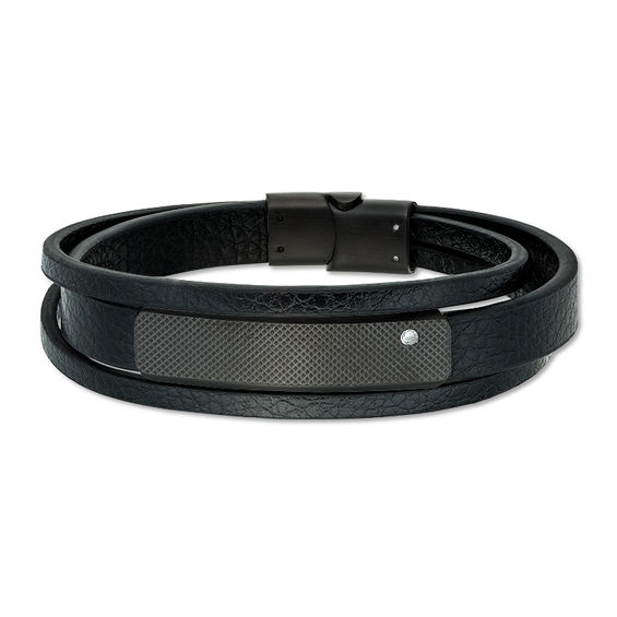 12.0mm Black Faux Leather Triple Strand Laser-Cut ID Bracelet in Black IP Stainless Steel - 8.5"