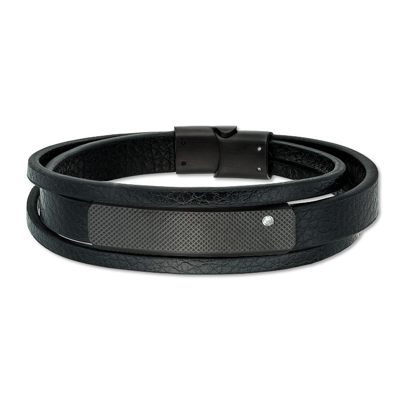 Main Image 1 of 12.0mm Black Faux Leather Triple Strand Laser-Cut ID Bracelet in Black IP Stainless Steel - 8.5"