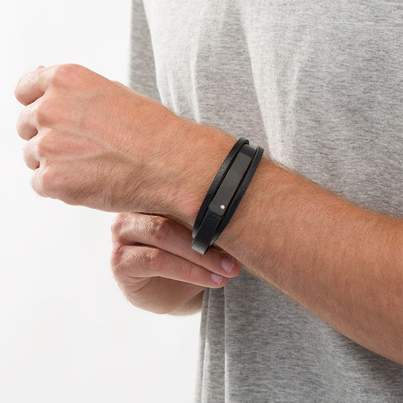 12.0mm Black Faux Leather Triple Strand Laser-Cut ID Bracelet in Black IP Stainless Steel - 8.5"