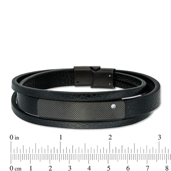 12.0mm Black Faux Leather Triple Strand Laser-Cut ID Bracelet in Black IP Stainless Steel - 8.5"