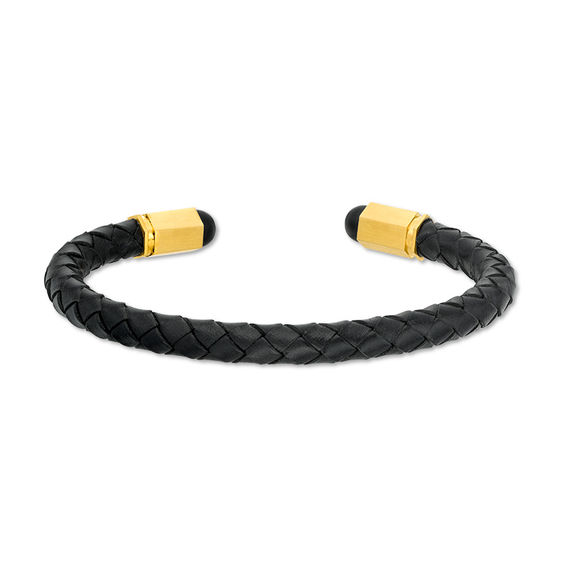 5.75mm Braided Black Faux Leather Cuff and Geometric Barrel Ends in Stainless Steel with Yellow IP - 7.25"