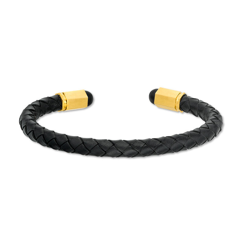 Main Image 1 of 5.75mm Braided Black Faux Leather Cuff and Geometric Barrel Ends in Stainless Steel with Yellow IP - 7.25"