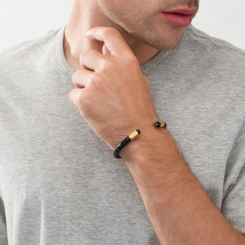 Main Image 2 of 5.75mm Braided Black Faux Leather Cuff and Geometric Barrel Ends in Stainless Steel with Yellow IP - 7.25"