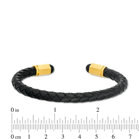 5.75mm Braided Black Faux Leather Cuff and Geometric Barrel Ends in Stainless Steel with Yellow IP - 7.25"