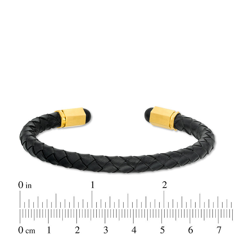 Main Image 3 of 5.75mm Braided Black Faux Leather Cuff and Geometric Barrel Ends in Stainless Steel with Yellow IP - 7.25"