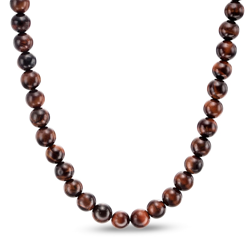 Main Image 1 of Men's 8.0mm Red Tiger's Eye Bead Strand Necklace with Sterling Silver Clasp