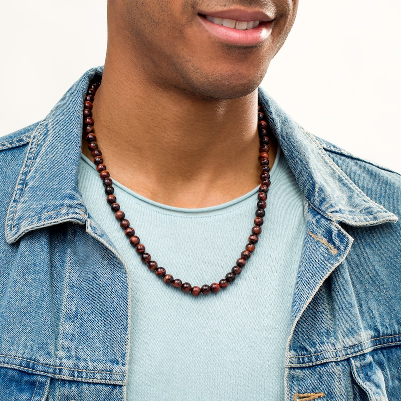Main Image 2 of Men's 8.0mm Red Tiger's Eye Bead Strand Necklace with Sterling Silver Clasp