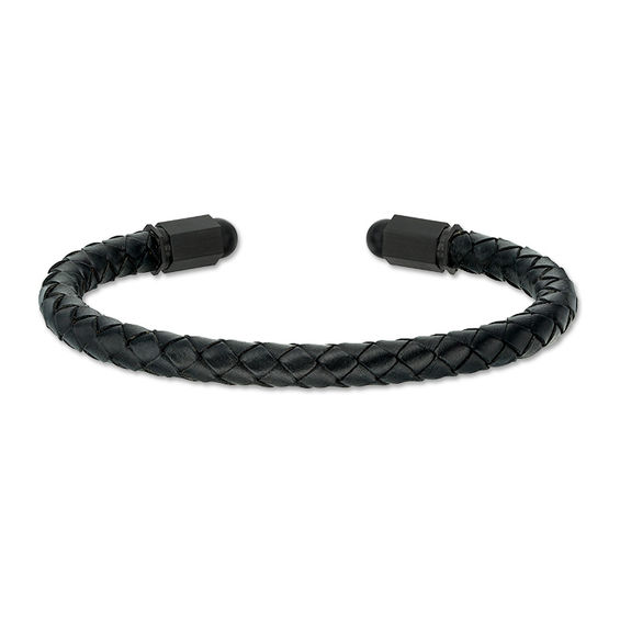 Men's 5.75mm Braided Black Faux Leather Cuff and Geometric Barrel Ends in Stainless Steel with Black IP - 7.25" Men's 5.75mm Braided Black Faux Leather Cuff and Geometric Barrel Ends in Stainless Steel with Black IP - 7.25"
