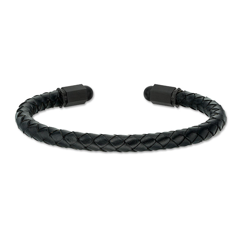 Main Image 1 of 5.75mm Braided Black Faux Leather Cuff and Geometric Barrel Ends in Stainless Steel with Black IP - 7.25"