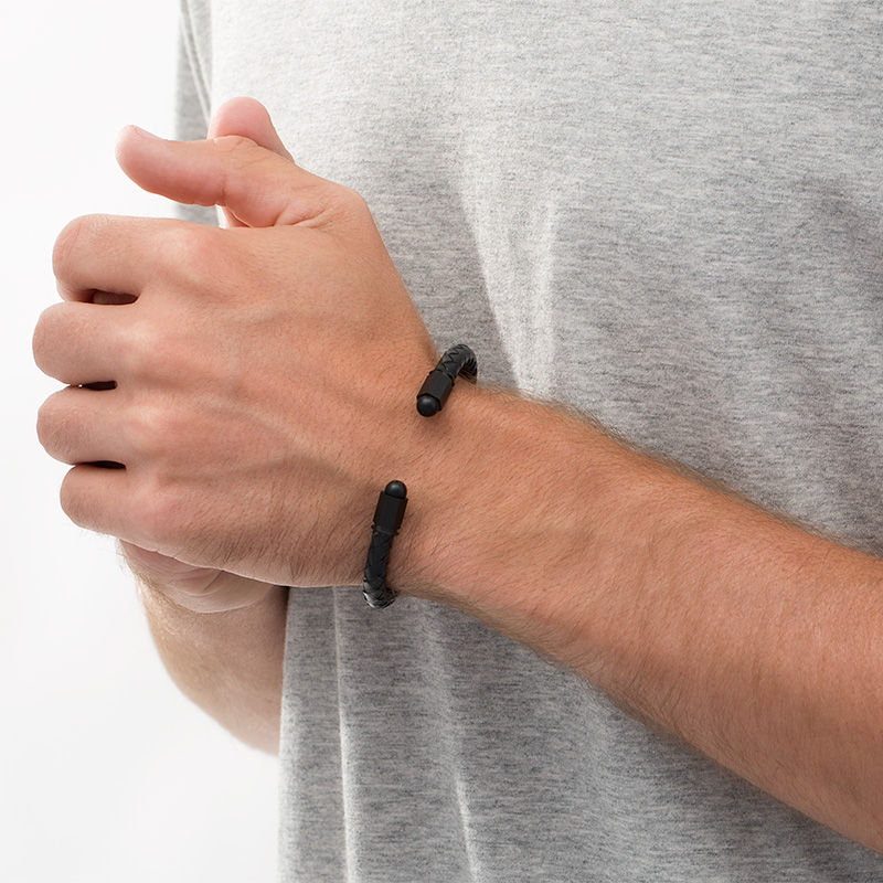Main Image 2 of 5.75mm Braided Black Faux Leather Cuff and Geometric Barrel Ends in Stainless Steel with Black IP - 7.25"