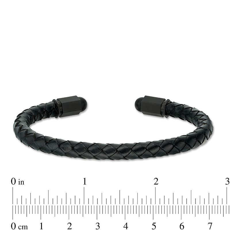 Main Image 3 of 5.75mm Braided Black Faux Leather Cuff and Geometric Barrel Ends in Stainless Steel with Black IP - 7.25"