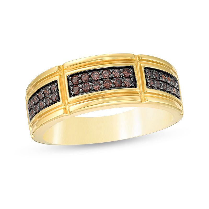 Men's 3/8 CT. T.W. Champagne Diamond Double Row Grid Pattern Ring in 10K Gold