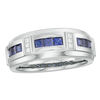 Thumbnail Image 1 of Square-Cut Lab-Created Blue Sapphire and 1/10 CT. T.W. Diamond Brick-Pattern Bevelled Edge Ring in 10K White Gold