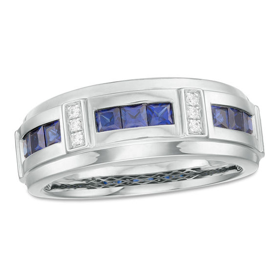 Square-Cut Lab-Created Blue Sapphire and 1/10 CT. T.w. Diamond Brick-Pattern Bevelled Edge Ring in 10K White Gold