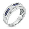 Men's Square-Cut Lab-Created Blue Sapphire and 1/10 CT. T.W. Diamond Brick-Pattern Bevelled Edge Ring in 10K White Gold