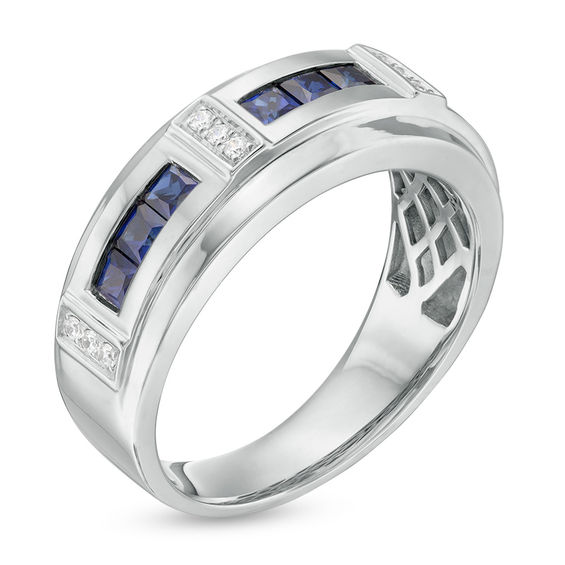 Square-Cut Lab-Created Blue Sapphire and 1/10 CT. T.w. Diamond Brick-Pattern Bevelled Edge Ring in 10K White Gold