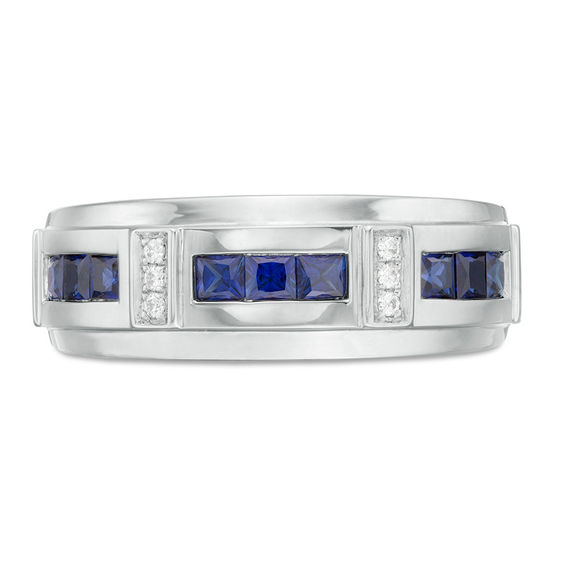 Square-Cut Lab-Created Blue Sapphire and 1/10 CT. T.w. Diamond Brick-Pattern Bevelled Edge Ring in 10K White Gold