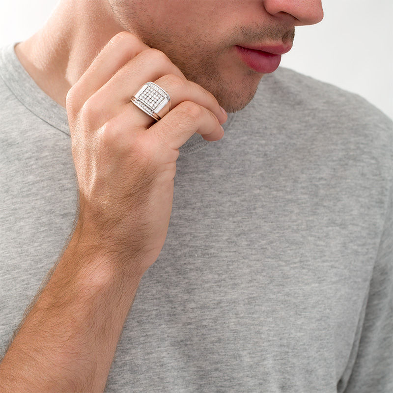 Main Image 2 of Men's 1 CT. T.W. Composite Diamond Square-Top Double Groove Border Ring in Sterling Silver
