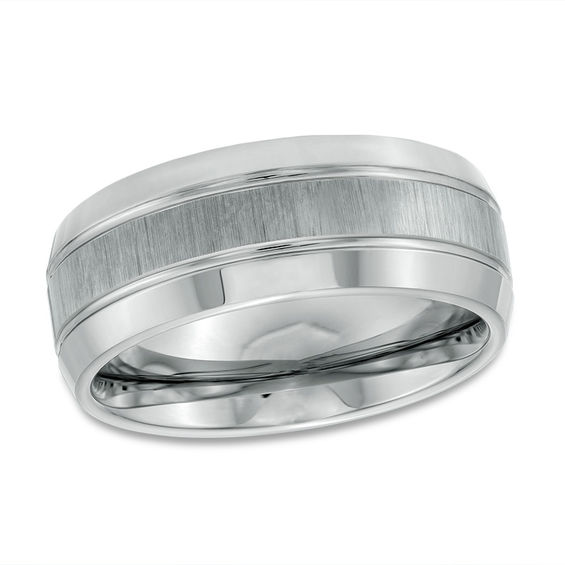 9.0mm Multi-Finish Double Groove Beveled Edge Wedding Band in Tungsten - Size 10