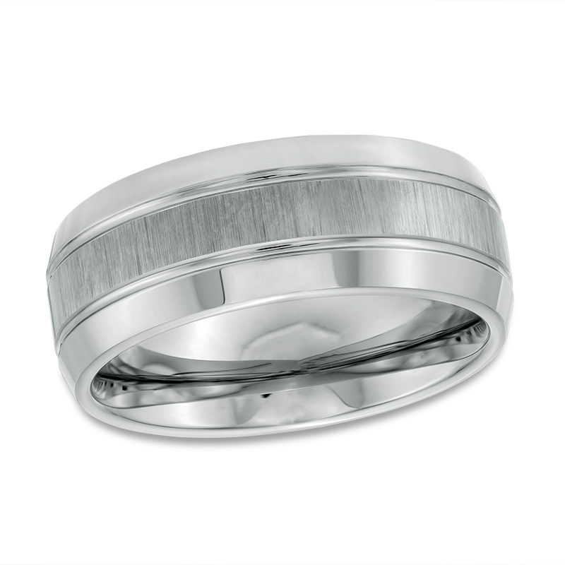 Men's 9.0mm Multi-Finish Double Groove Beveled Edge Wedding Band in Tungsten - Size 10