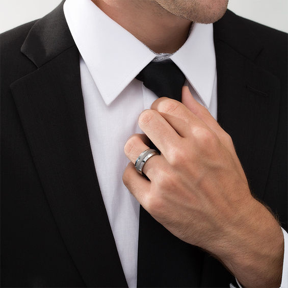 9.0mm Multi-Finish Double Groove Beveled Edge Wedding Band in Tungsten - Size 10