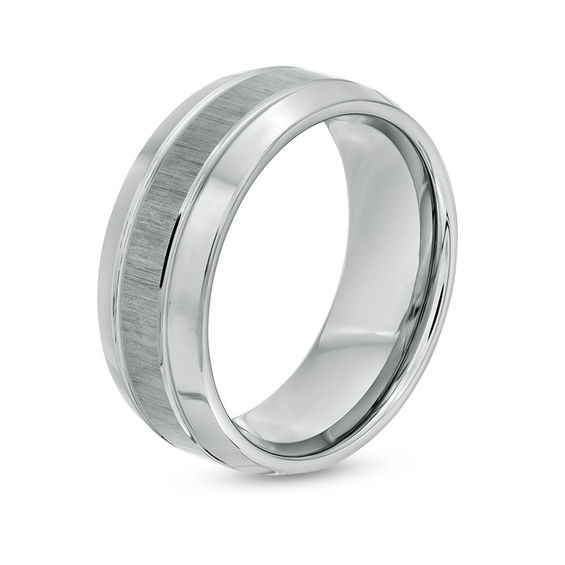 9.0mm Multi-Finish Double Groove Beveled Edge Wedding Band in Tungsten - Size 10
