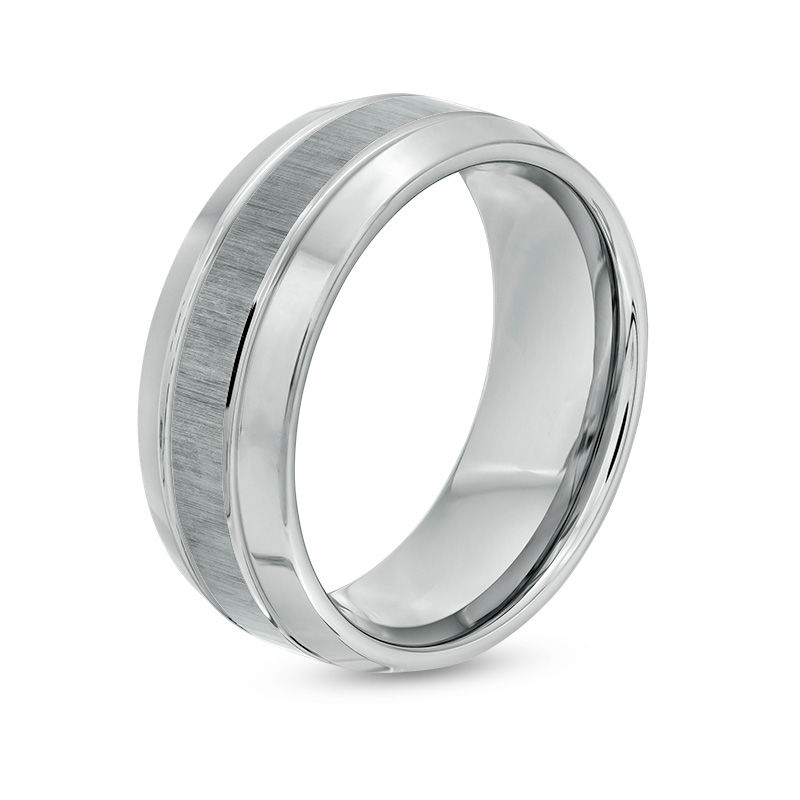 Men's 9.0mm Multi-Finish Double Groove Beveled Edge Wedding Band in Tungsten - Size 10