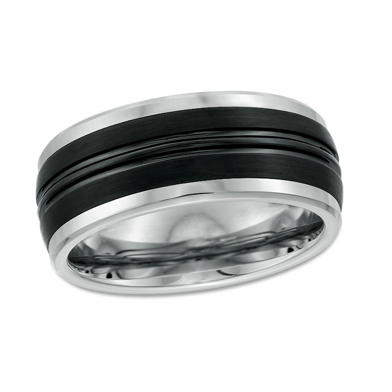 Main Image 1 of 9.0mm Multi-Finish Center Stripe Wedding Band in Two-Tone Tungsten - Size 10