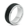 Thumbnail Image 3 of 9.0mm Multi-Finish Center Stripe Wedding Band in Two-Tone Tungsten - Size 10