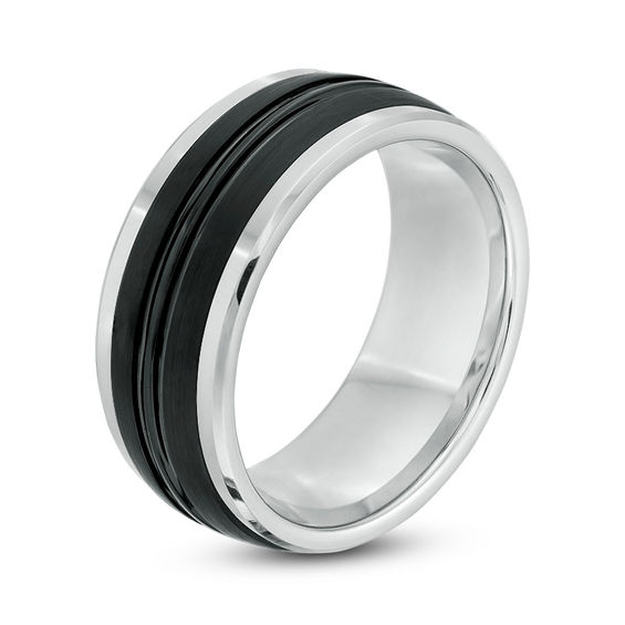 9.0mm Multi-Finish Center Stripe Wedding Band in Two-Tone Tungsten - Size 10