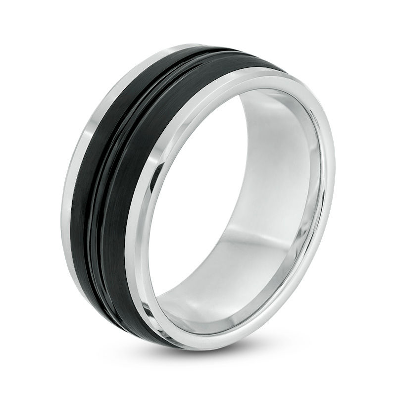 Main Image 3 of 9.0mm Multi-Finish Center Stripe Wedding Band in Two-Tone Tungsten - Size 10