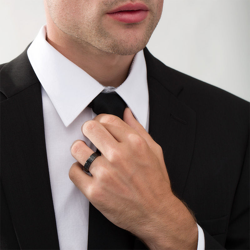Main Image 2 of 6.0mm Multi-Groove Wedding Band in Black IP Tungsten - Size 10