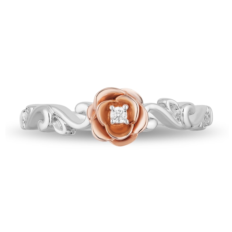 Enchanted Disney Belle Diamond Accent Solitaire Rose Scrolled Promise Ring in 10K Two-Tone Gold