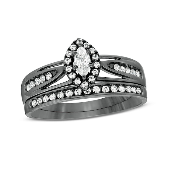 1/2 CT. T.w. Marquise Diamond Frame Split Shank Bridal Set in 10K White Gold with Black Rhodium