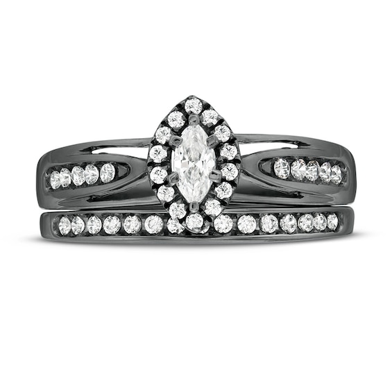 1/2 CT. T.w. Marquise Diamond Frame Split Shank Bridal Set in 10K White Gold with Black Rhodium
