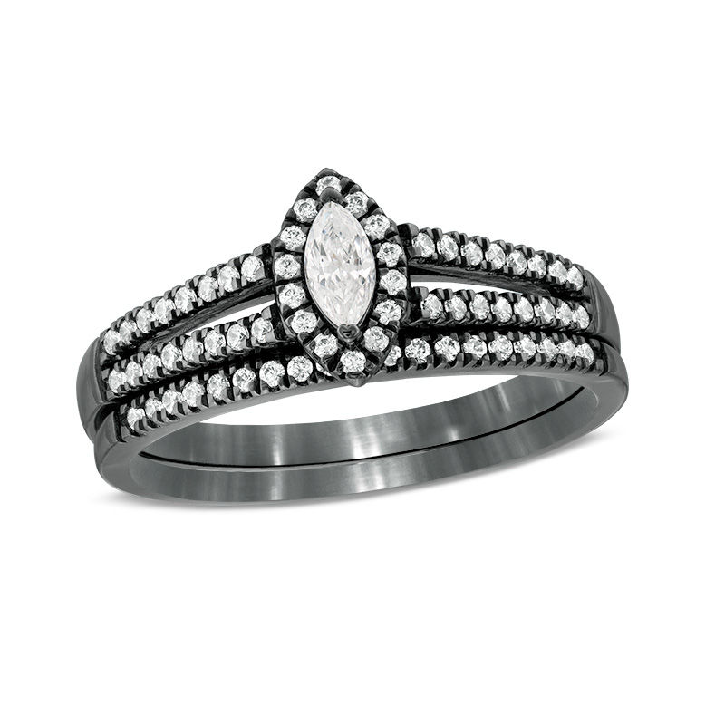 3/8 CT. T.W. Marquise Diamond Frame Multi-Row Bridal Set in 10K White Gold with Black Rhodium