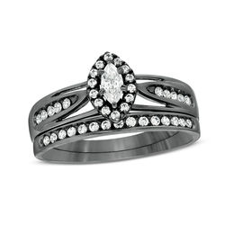 1/2 CT. T.W. Marquise Diamond Frame Split Shank Bridal Set in 10K White Gold with Black Rhodium
