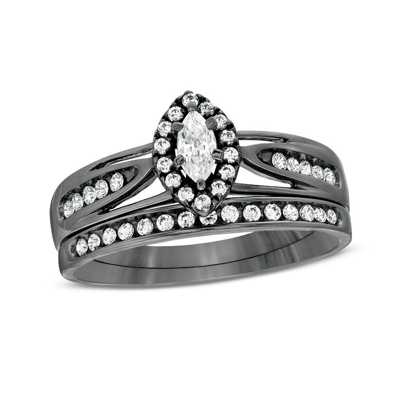 Main Image 1 of 1/2 CT. T.W. Marquise Diamond Frame Split Shank Bridal Set in 10K White Gold with Black Rhodium