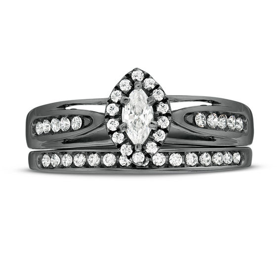 1/2 CT. T.w. Marquise Diamond Frame Split Shank Bridal Set in 10K White Gold with Black Rhodium