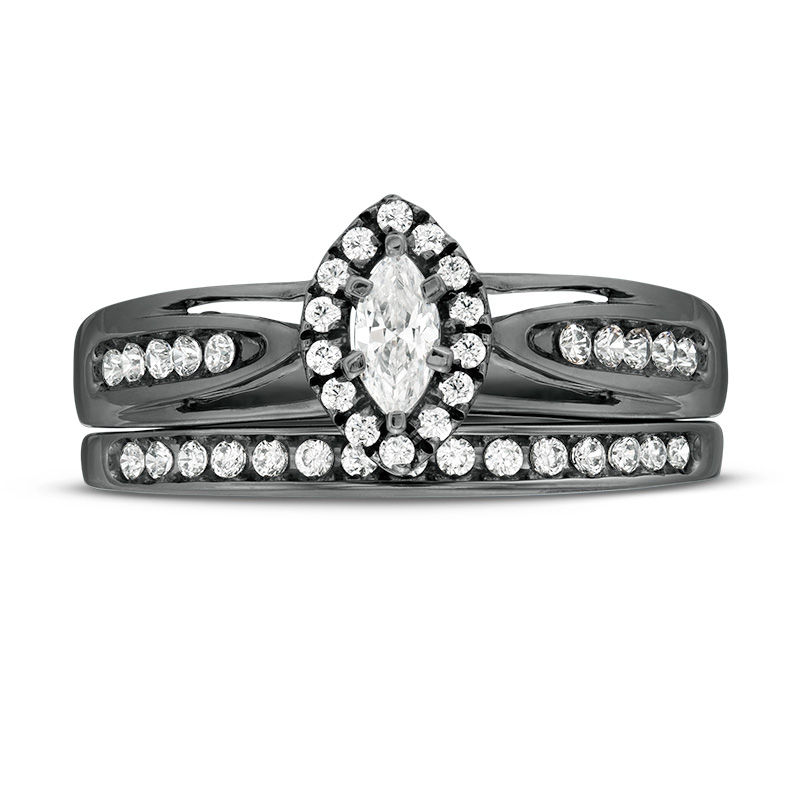 Main Image 4 of 1/2 CT. T.W. Marquise Diamond Frame Split Shank Bridal Set in 10K White Gold with Black Rhodium