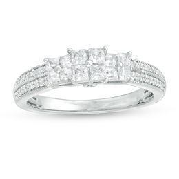 1/2 CT. T.W. Princess-Cut Quad Diamond Three Stone Double Row Engagement Ring in 10K White Gold