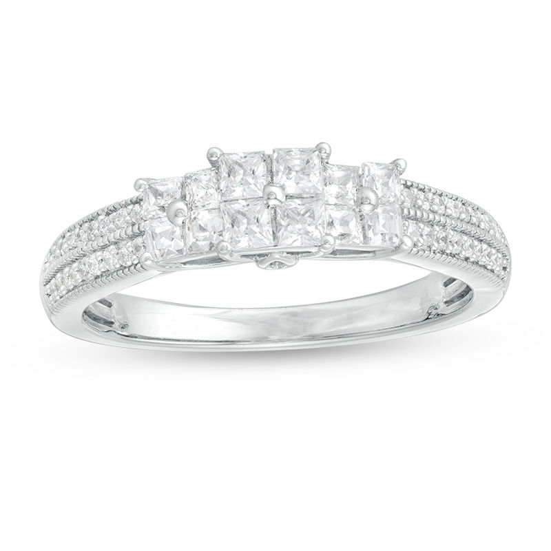 Main Image 1 of 1/2 CT. T.W. Princess-Cut Quad Diamond Three Stone Double Row Engagement Ring in 10K White Gold