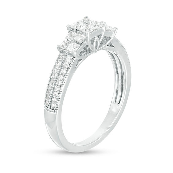 1/2 CT. T.w. Princess-Cut Quad Diamond Three Stone Double Row Engagement Ring in 10K White Gold