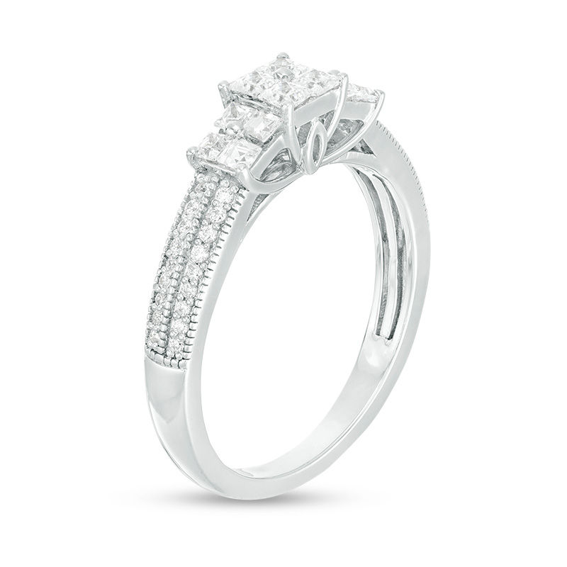 Main Image 3 of 1/2 CT. T.W. Princess-Cut Quad Diamond Three Stone Double Row Engagement Ring in 10K White Gold