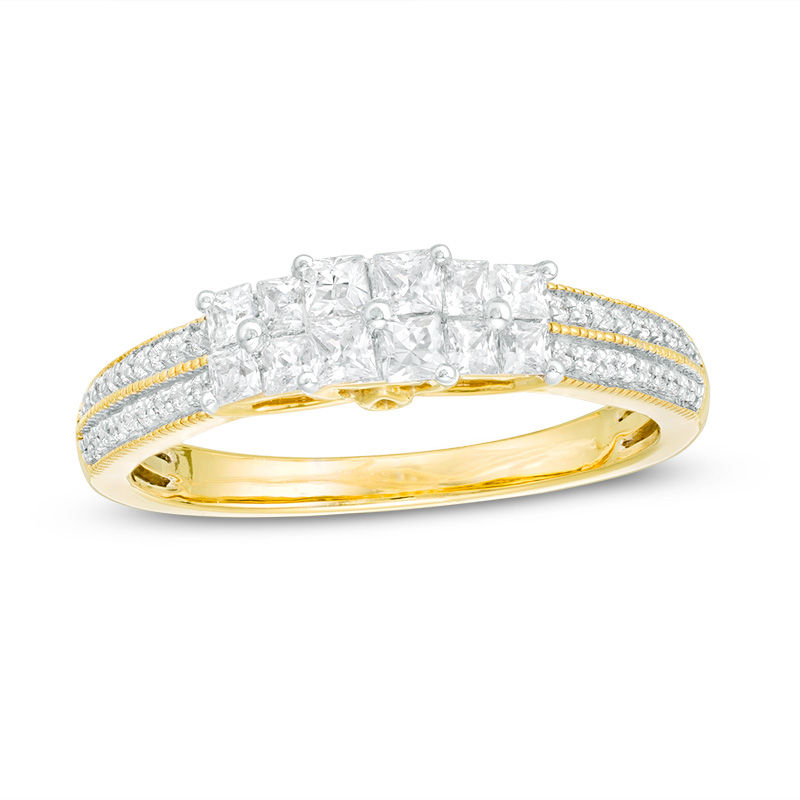 1/2 CT. T.W. Princess-Cut Quad Diamond Three Stone Double Row Engagement Ring in 10K Gold