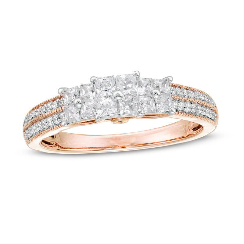 1/2 CT. T.W. Princess-Cut Quad Diamond Three Stone Double Row Engagement Ring in 10K Rose Gold