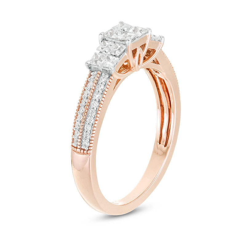 Main Image 3 of 1/2 CT. T.W. Princess-Cut Quad Diamond Three Stone Double Row Engagement Ring in 10K Rose Gold